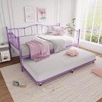 Purple Metal Twin Daybed with Pullout Trundle Bed, Love-Heart Design, Steel Slat Support, No Box Spring Needed, Space-Saving Sofa Bed