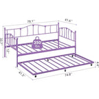 Lit de repos double en métal violet avec lit gigogne escamotable, motif cœur, support à lattes en acier, sommier tapissier non requis, lit-canapé peu encombrant