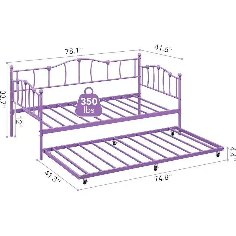 Purple Metal Twin Daybed with Pullout Trundle Bed, Love-Heart Design, Steel Slat Support, No Box Spring Needed, Space-Saving Sofa Bed