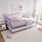 Lit de repos double en métal violet avec lit gigogne escamotable, motif cœur, support à lattes en acier, sommier tapissier non requis, lit-canapé peu encombrant