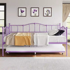 Lit de repos double en métal violet avec lit gigogne escamotable, motif cœur, support à lattes en acier, sommier tapissier non requis, lit-canapé peu encombrant