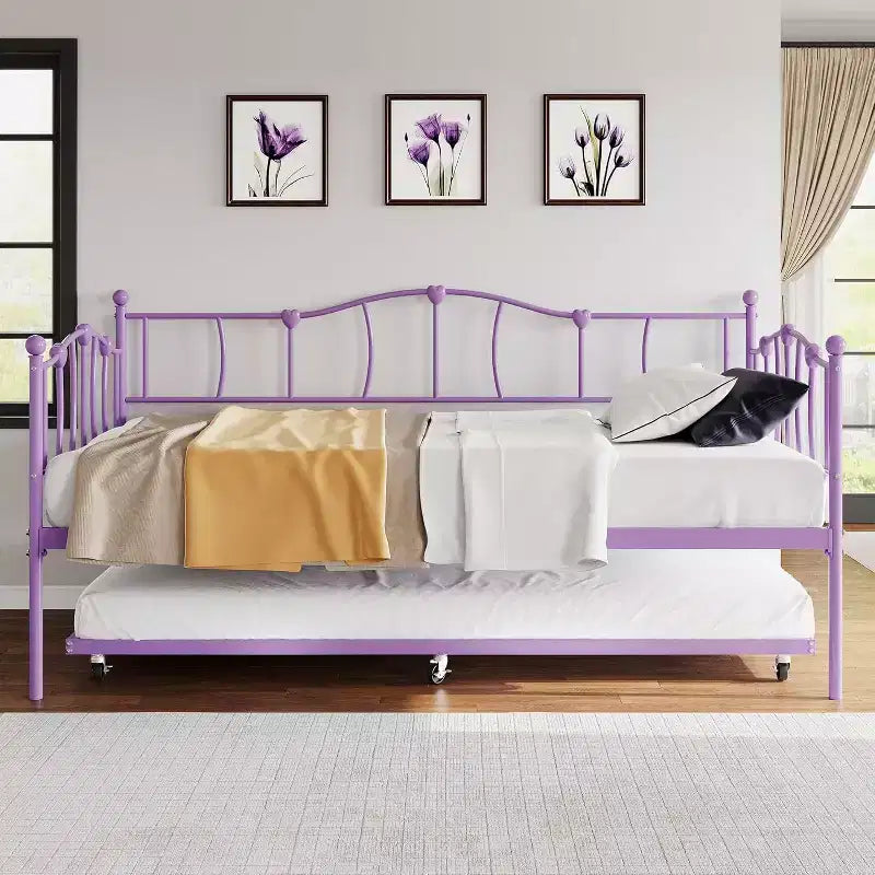 Purple Metal Twin Daybed with Pullout Trundle Bed, Love-Heart Design, Steel Slat Support, No Box Spring Needed, Space-Saving Sofa Bed