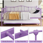 Lit de repos double en métal violet avec lit gigogne escamotable, motif cœur, support à lattes en acier, sommier tapissier non requis, lit-canapé peu encombrant