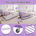 Lit de repos double en métal violet avec lit gigogne escamotable, motif cœur, support à lattes en acier, sommier tapissier non requis, lit-canapé peu encombrant