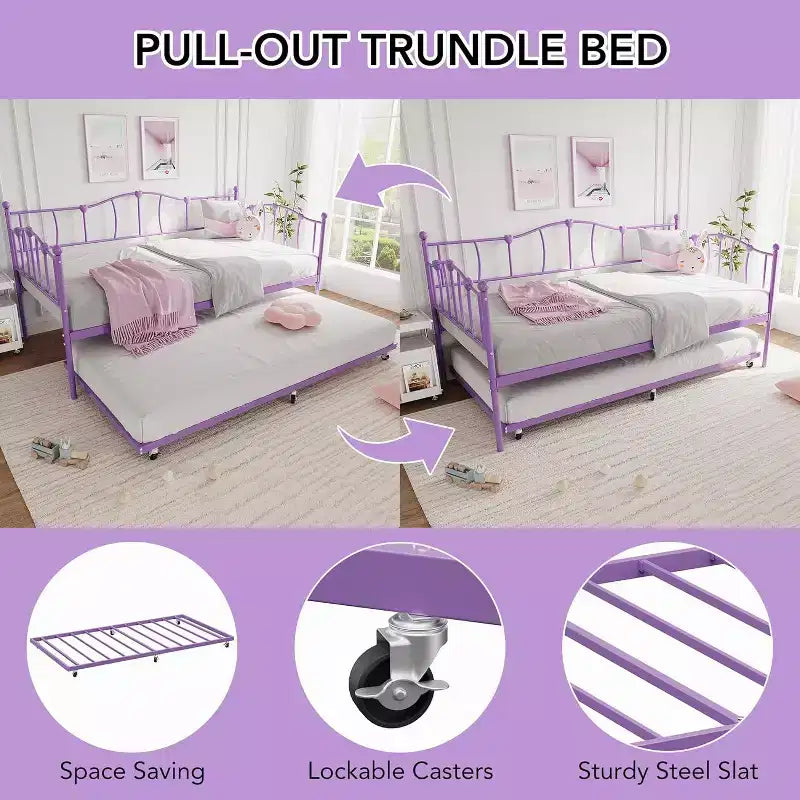 Purple Metal Twin Daybed with Pullout Trundle Bed, Love-Heart Design, Steel Slat Support, No Box Spring Needed, Space-Saving Sofa Bed