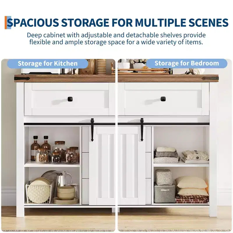 Farmhouse Buffet Cabinet, Sideboard Storage Cabinet with 5 Drawers and Sliding Barn Doors, Wood Coffee Bar Table with Adjustable Shelf