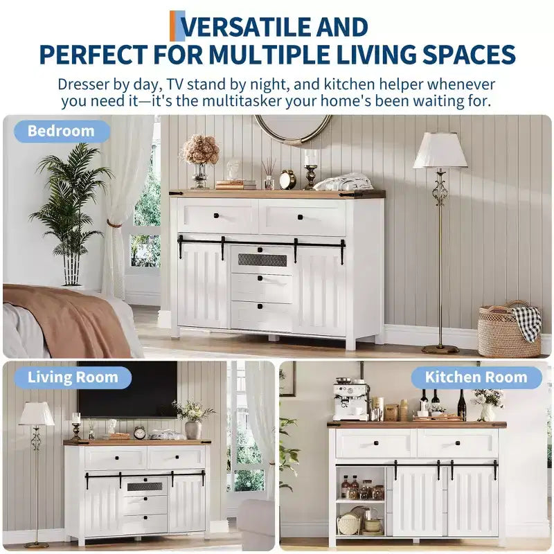 Farmhouse Buffet Cabinet, Sideboard Storage Cabinet with 5 Drawers and Sliding Barn Doors, Wood Coffee Bar Table with Adjustable Shelf