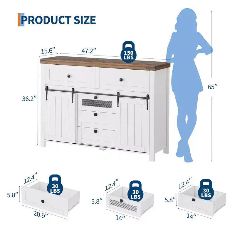 Farmhouse Buffet Cabinet, Sideboard Storage Cabinet with 5 Drawers and Sliding Barn Doors, Wood Coffee Bar Table with Adjustable Shelf