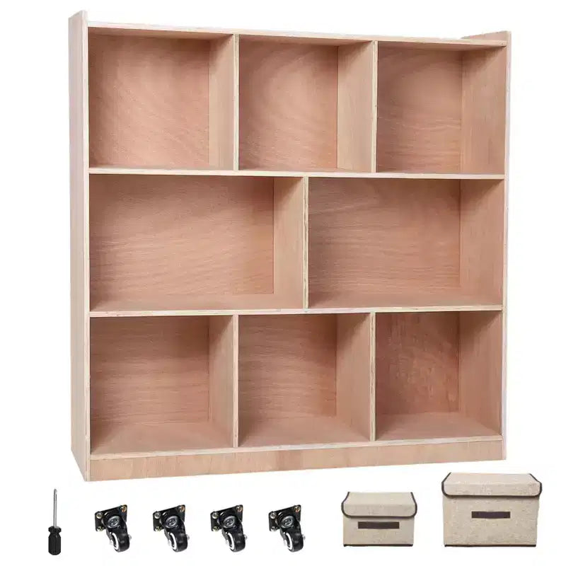 8-Section Cubbies for Classrooms, Smooth Glazed Surface Cubby Storage Cabinet, Classroom Cubbies, Storage Cabinet with 4 Casters, 2 Storage Boxes