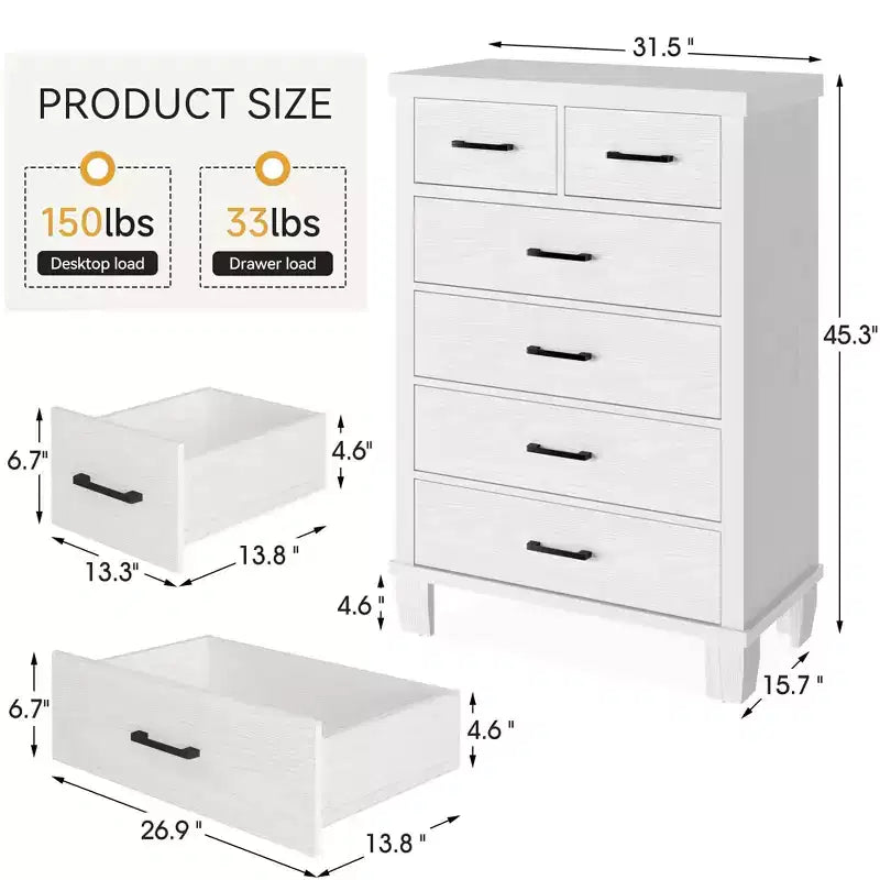 Dresser for Bedroom with 6 Drawers, 45 Tall Chests of Drawers w/Storage, Large Drawer Dresser for Closet, Wooden Storage Cabinet for Entryway