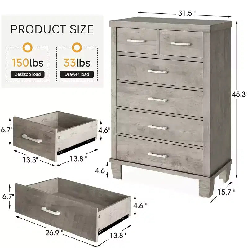 Dresser for Bedroom with 6 Drawers, 45 Tall Chests of Drawers w/Storage, Large Drawer Dresser for Closet, Wooden Storage Cabinet for Entryway