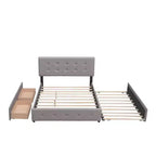 Lit plateforme rembourré avec 2 tiroirs et 1 lit gigogne jumeau XL en tissu de lin taille Queen - Beige foncé