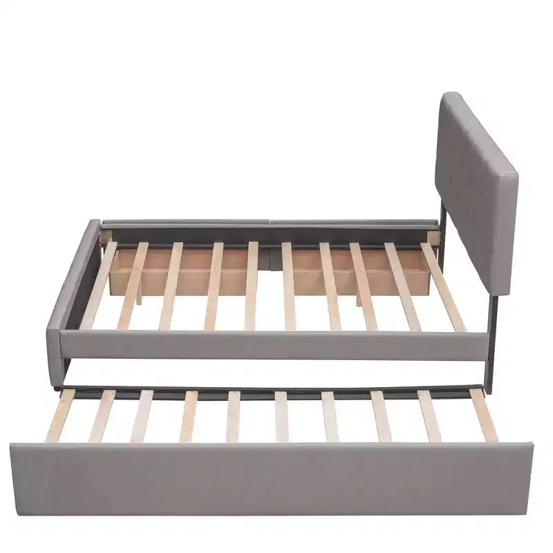 Upholstered Platform Bed with 2 Drawers and 1 Twin XL Trundle Linen Fabric Queen Size - Dark Beige