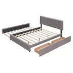 Lit plateforme rembourré avec 2 tiroirs et 1 lit gigogne jumeau XL en tissu de lin taille Queen - Beige foncé