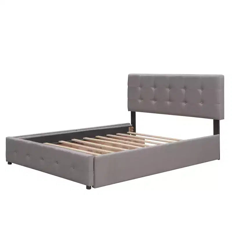 Upholstered Platform Bed with 2 Drawers and 1 Twin XL Trundle Linen Fabric Queen Size - Dark Beige