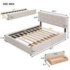 Lit plateforme rembourré avec 2 tiroirs et 1 lit gigogne jumeau XL en tissu de lin taille Queen - Beige foncé
