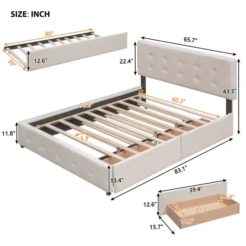 Upholstered Platform Bed with 2 Drawers and 1 Twin XL Trundle Linen Fabric Queen Size - Dark Beige