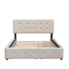 Lit plateforme rembourré avec 2 tiroirs et 1 lit gigogne jumeau XL en tissu de lin taille Queen - Beige foncé