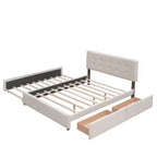 Lit plateforme rembourré avec 2 tiroirs et 1 lit gigogne jumeau XL en tissu de lin taille Queen - Beige foncé