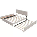 Lit plateforme rembourré avec 2 tiroirs et 1 lit gigogne jumeau XL en tissu de lin taille Queen - Beige foncé