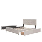 Lit plateforme rembourré avec 2 tiroirs et 1 lit gigogne jumeau XL en tissu de lin taille Queen - Beige foncé