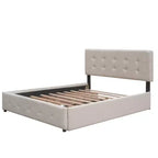 Lit plateforme rembourré avec 2 tiroirs et 1 lit gigogne jumeau XL en tissu de lin taille Queen - Beige foncé