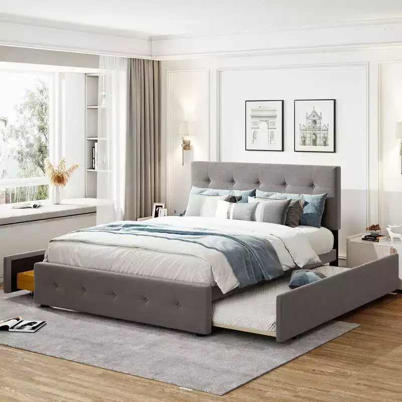 Upholstered Platform Bed with 2 Drawers and 1 Twin XL Trundle Linen Fabric Queen Size - Dark Beige