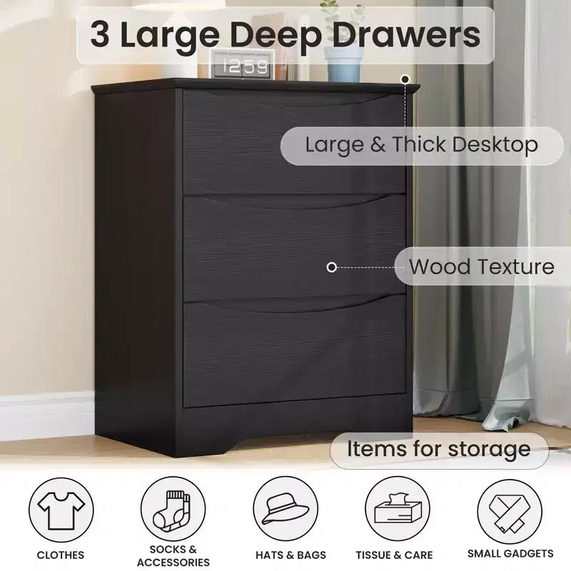 Tall Wooden Dresser with 3 Drawers Modern Chest of Drawers Deep Storage Large Closet with Wide Top for Bedroom Living Room Hallway Kids Room
