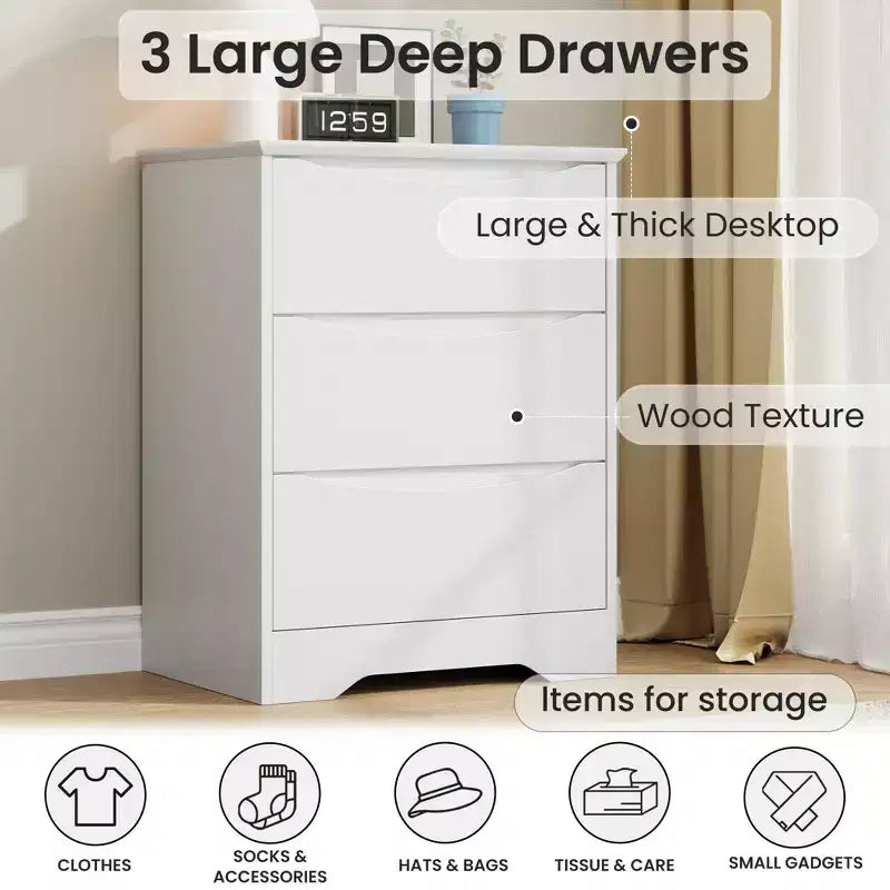 Tall Wooden Dresser with 3 Drawers Modern Chest of Drawers Deep Storage Large Closet with Wide Top for Bedroom Living Room Hallway Kids Room