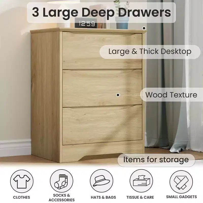 Tall Wooden Dresser with 3 Drawers Modern Chest of Drawers Deep Storage Large Closet with Wide Top for Bedroom Living Room Hallway Kids Room