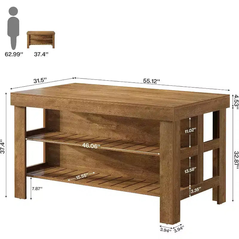 Kitchen Island with Storage and Seating, Farmhouse Large Stationary Wood Island Table for Kitchen Dining Room (All Brown)