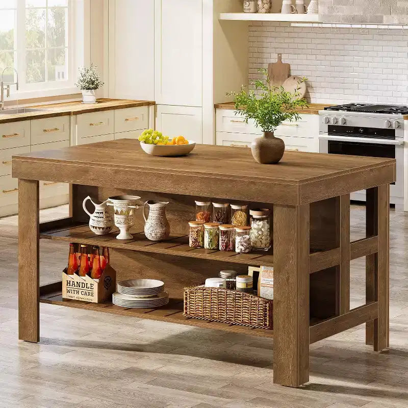 Kitchen Island with Storage and Seating, Farmhouse Large Stationary Wood Island Table for Kitchen Dining Room (All Brown)