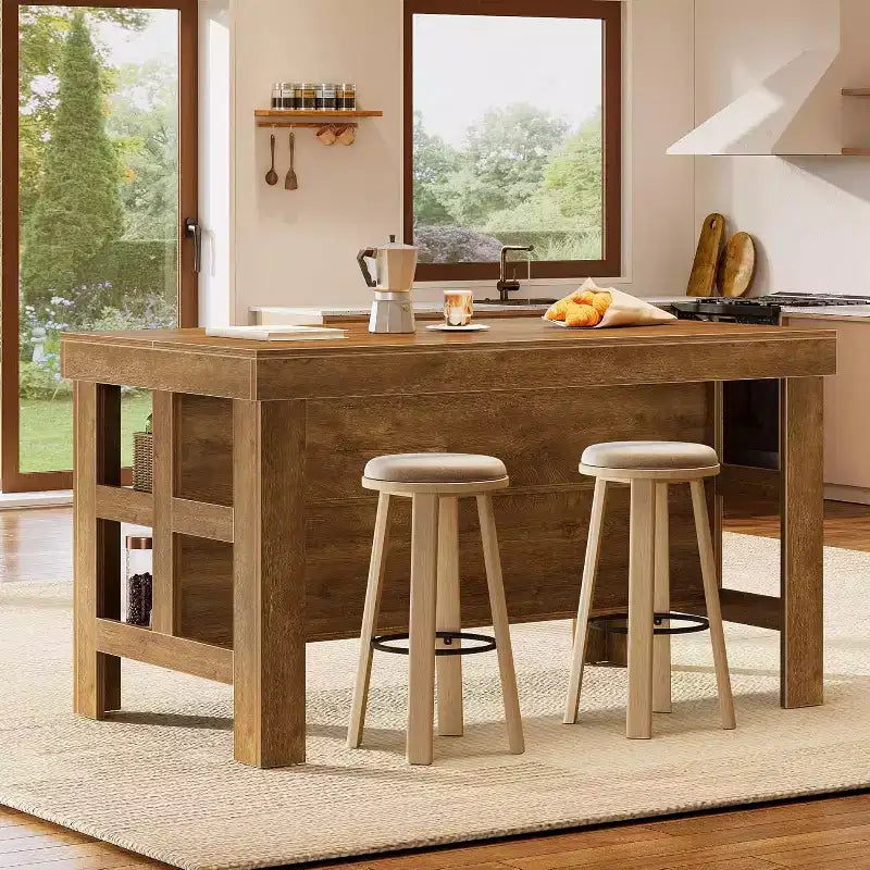 Kitchen Island with Storage and Seating, Farmhouse Large Stationary Wood Island Table for Kitchen Dining Room (All Brown)