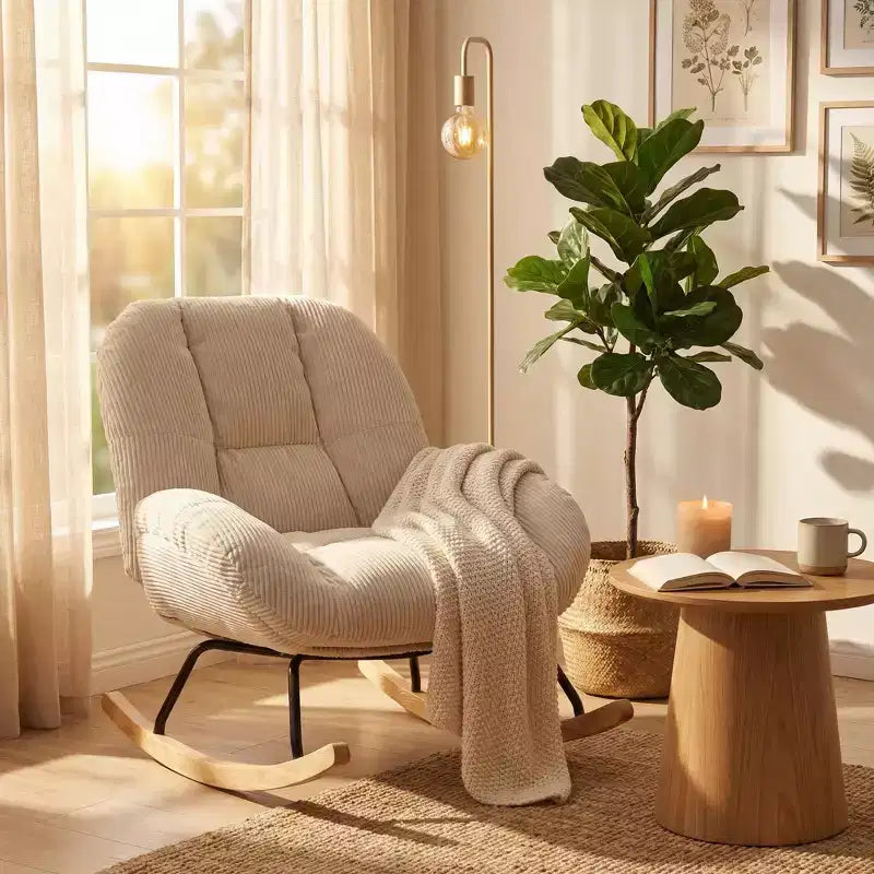 Corduroy Rocking Accent Chair, Fabric Upholstered Rocking Chair, Beige