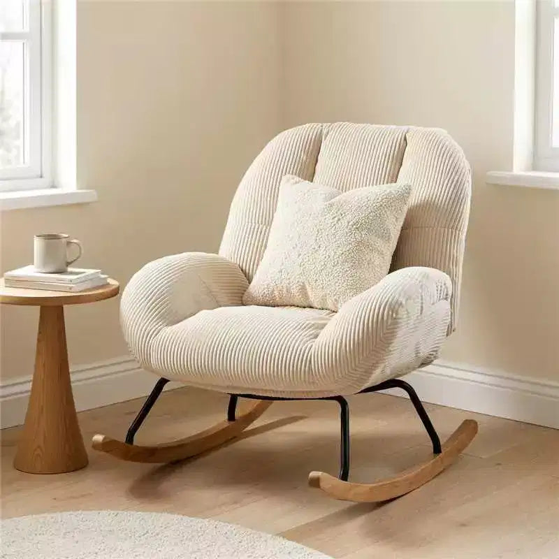 Corduroy Rocking Accent Chair, Fabric Upholstered Rocking Chair, Beige
