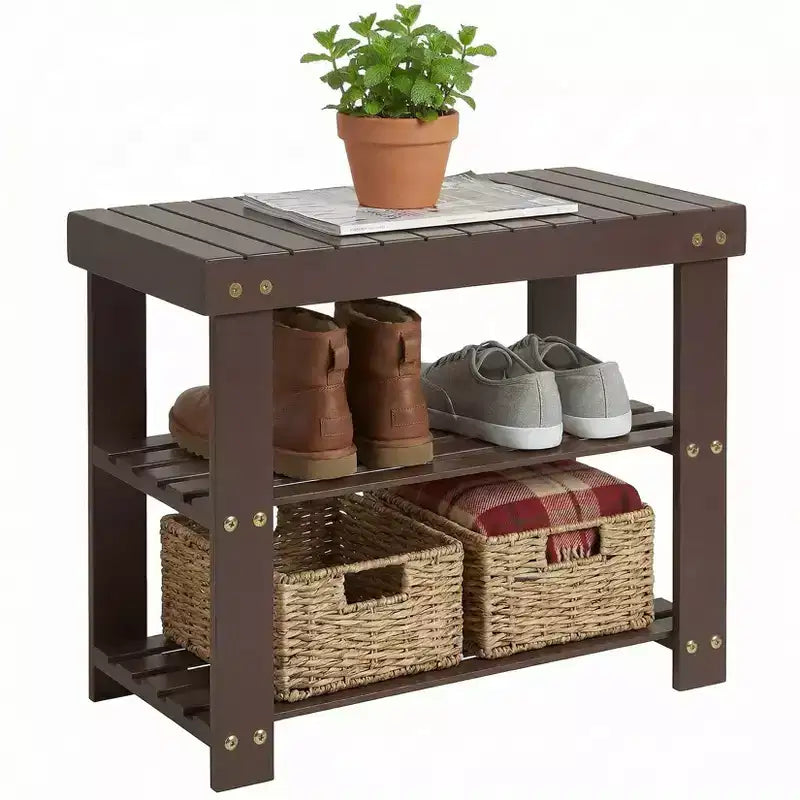 Bamboo Entryway Shoe Bench with 2-Tier Storage Shelf for Entryway& Living Room
