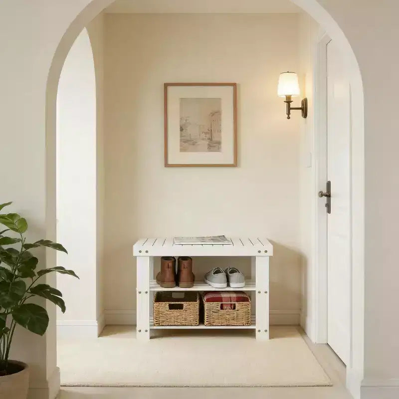 Bamboo Entryway Shoe Bench with 2-Tier Storage Shelf for Entryway& Living Room