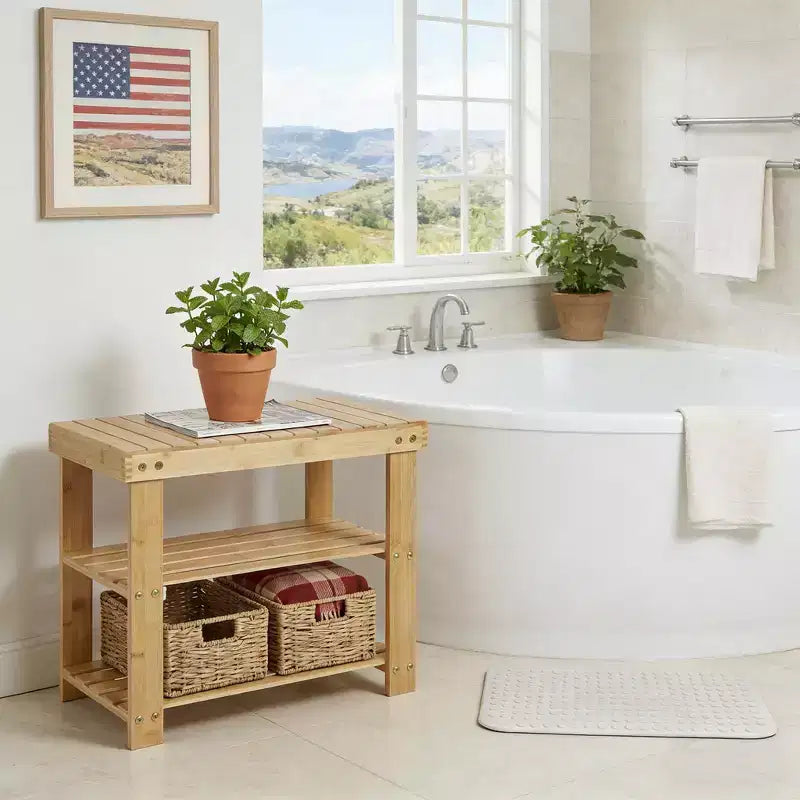 Bamboo Entryway Shoe Bench with 2-Tier Storage Shelf for Entryway& Living Room