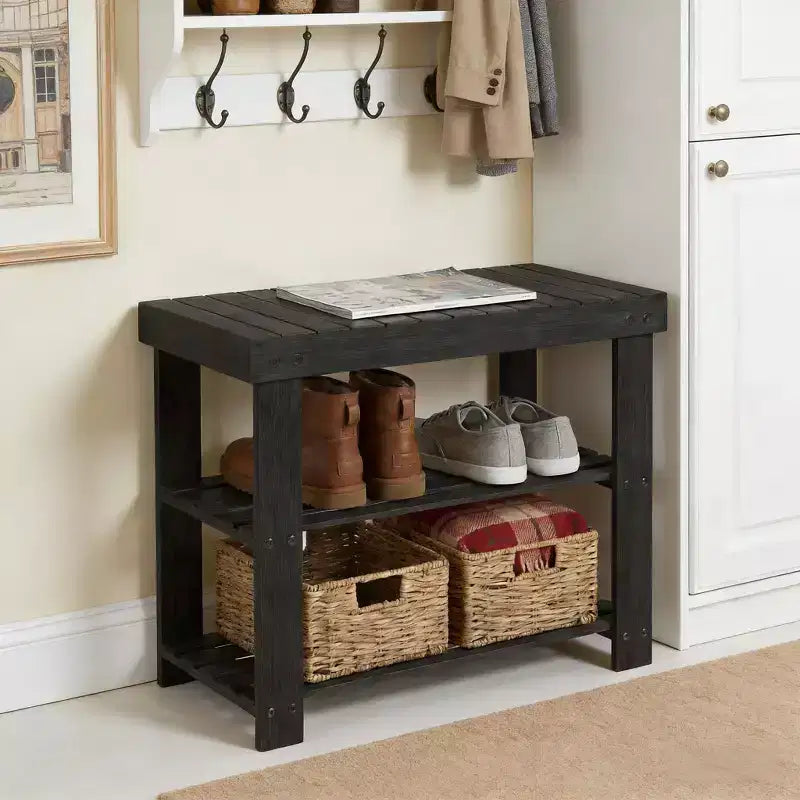 Bamboo Entryway Shoe Bench with 2-Tier Storage Shelf for Entryway& Living Room