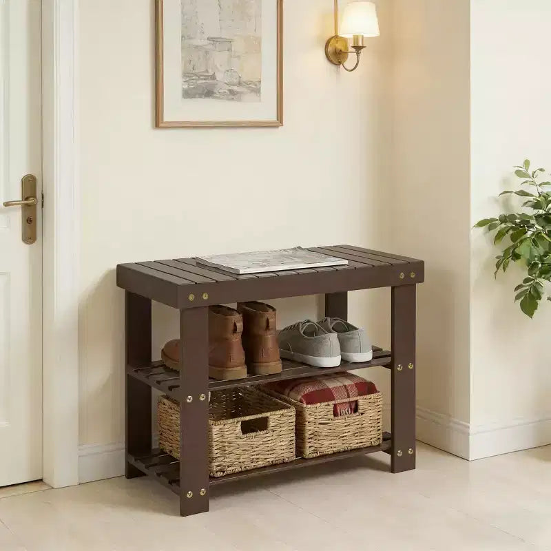 Bamboo Entryway Shoe Bench with 2-Tier Storage Shelf for Entryway& Living Room