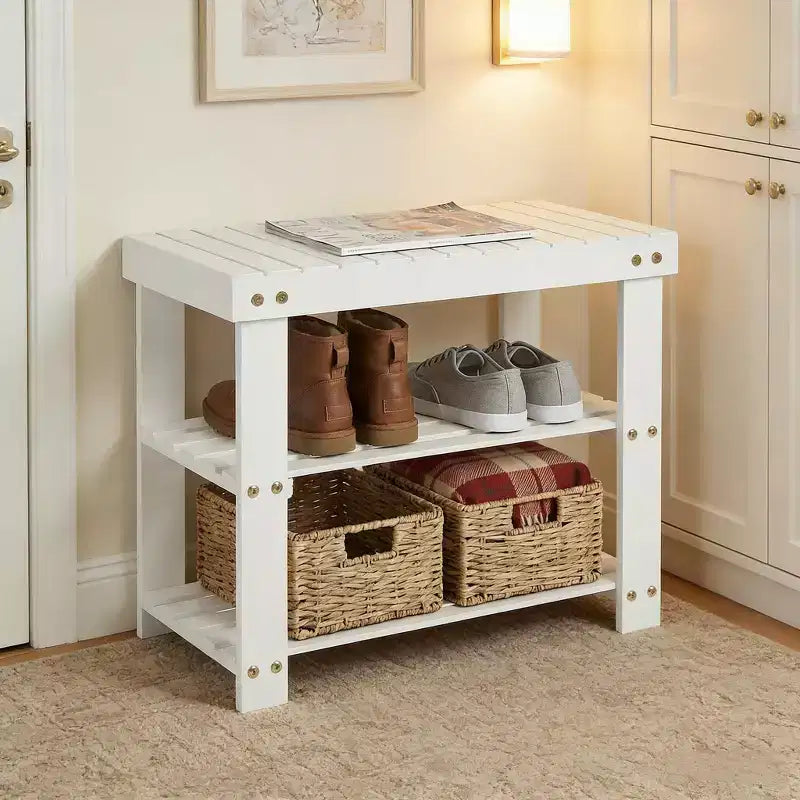 Bamboo Entryway Shoe Bench with 2-Tier Storage Shelf for Entryway& Living Room