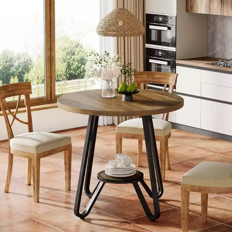 31.5 Round Dining Table for 2 with Double Shelves, Small Kitchen Dinner Table for Dining Room, Apartment, Small Space