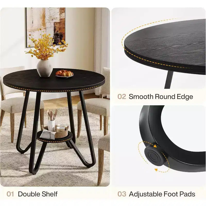 31.5 Round Dining Table for 2 with Double Shelves, Small Kitchen Dinner Table for Dining Room, Apartment, Small Space