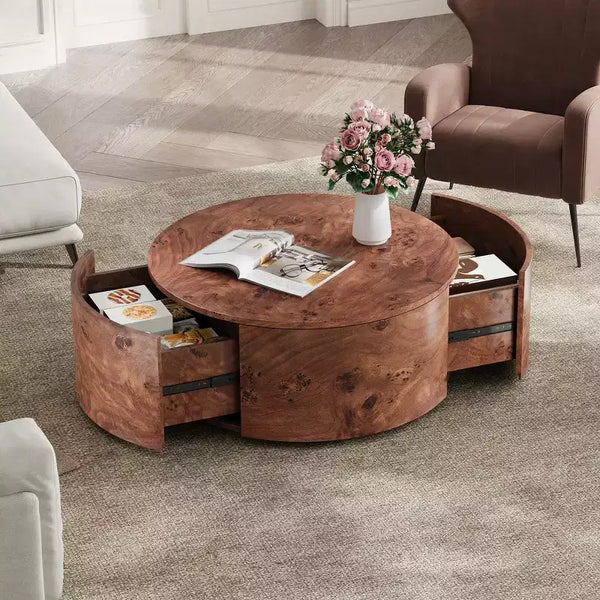 Whisen 360 Swivel Accent Coffee Table with Rich Burl Wood Veneer & 2 Hidden Storage Drawers - Walnut
