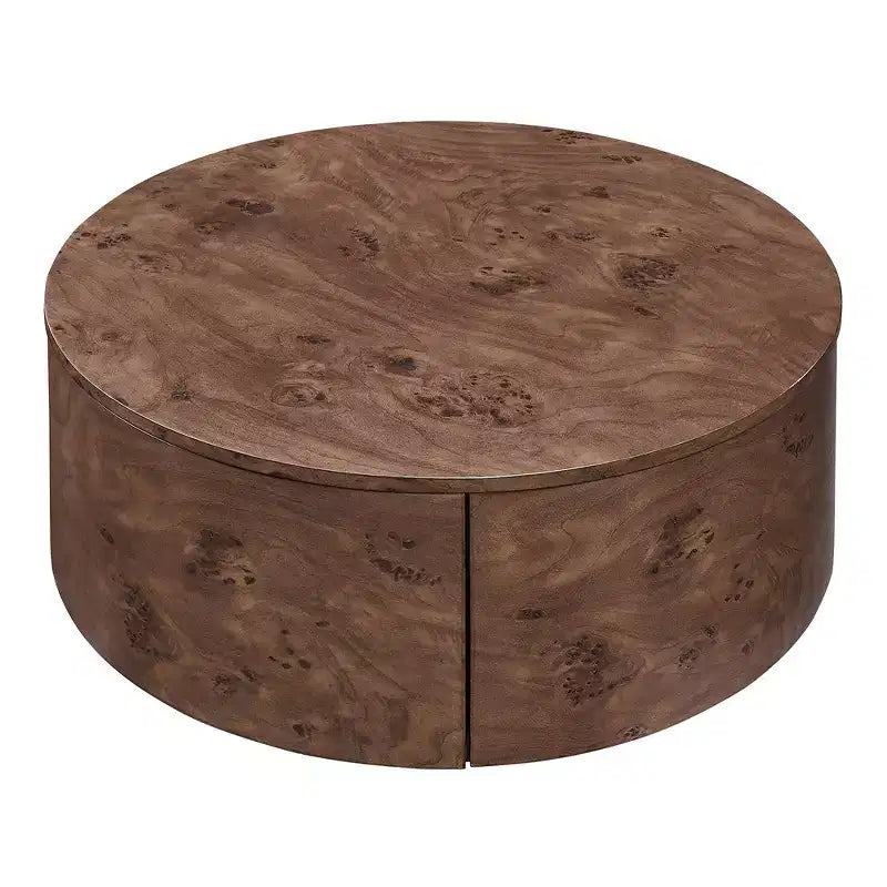360 Swivel Accent Coffee Table with Rich Burl Wood Veneer & 2 Hidden Storage Drawers - Walnut