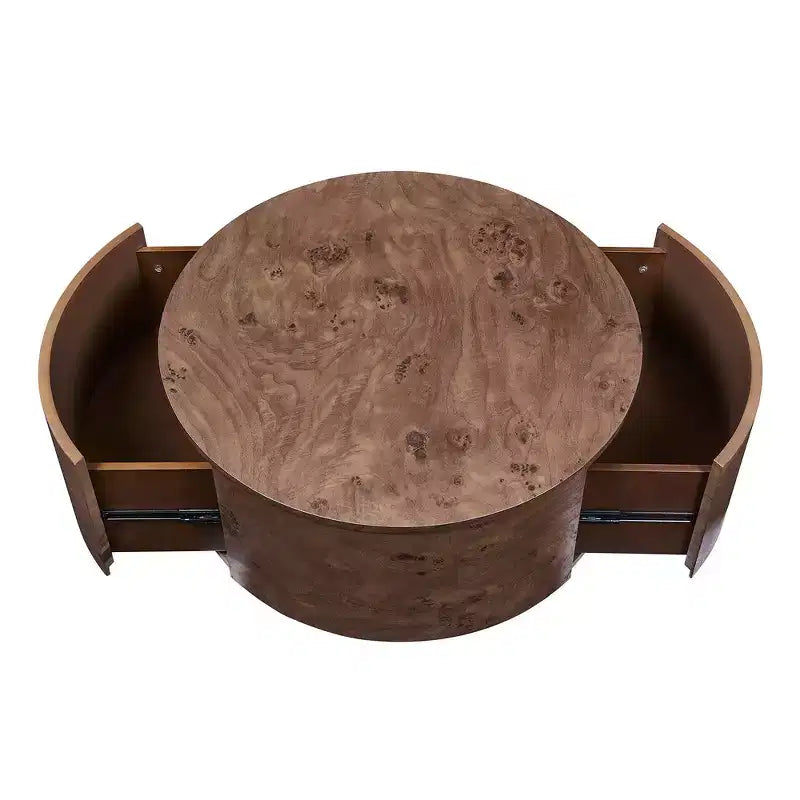 360 Swivel Accent Coffee Table with Rich Burl Wood Veneer & 2 Hidden Storage Drawers - Walnut