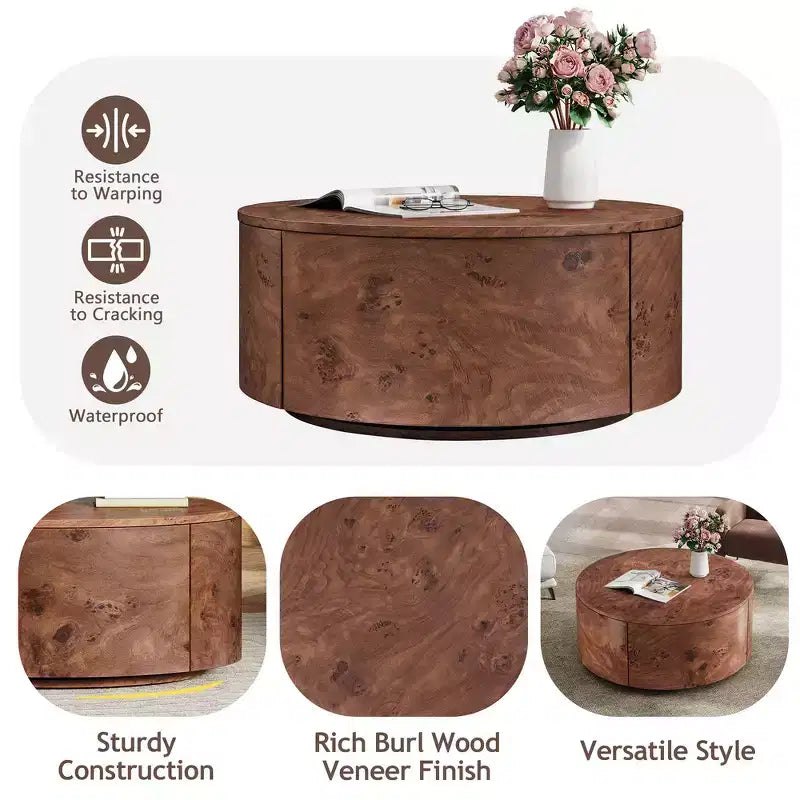 360 Swivel Accent Coffee Table with Rich Burl Wood Veneer & 2 Hidden Storage Drawers - Walnut