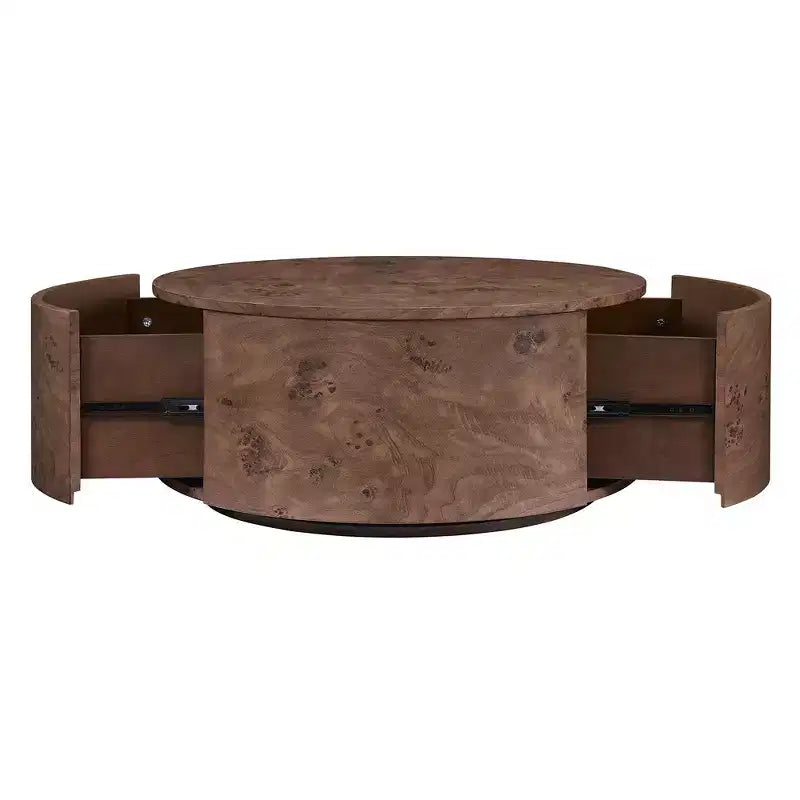 360 Swivel Accent Coffee Table with Rich Burl Wood Veneer & 2 Hidden Storage Drawers - Walnut