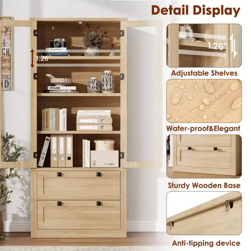 72 Tall Kitchen Pantry Cabinet with 2 Drawers, Farmhouse Kitchen Cupboard with Glass Doors and Adjustable Shelves, for Dining Room