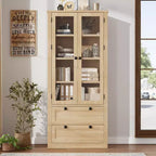 Meuble de rangement haut de cuisine de 72 po avec 2 tiroirs, armoire de cuisine de style campagnard avec portes vitrées et étagères réglables, pour salle à manger